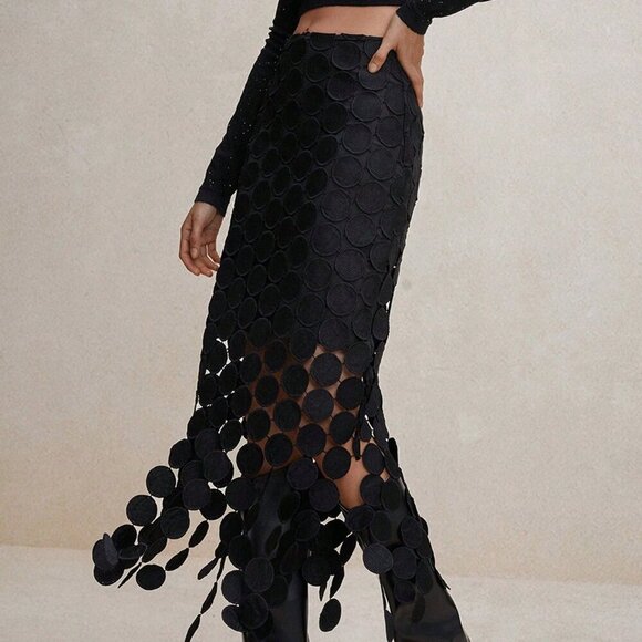 Black Casual Women's Laser Cut Multi Circle Double Layered Skirt